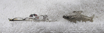 Avon Fishing Pole Rod Tie Tack Lapel Pin With Gold Tone Dangling Fish + fish tac