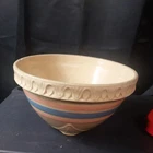 Vintage McCoy Mixing Bowl Yellow Ware Pink and Blue Stripe Square Bottom 9.5"
