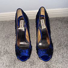 Badgley Mischka Women s 7 Blue Beaded Floral Peep Toe Stiletto Pumps