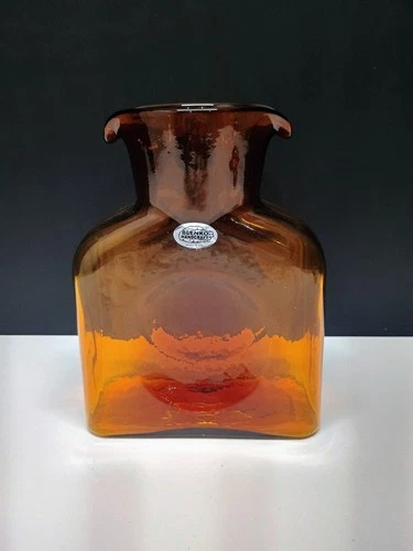 Blenko Glass Amber 384 Water Bottle Large 9 in with sticker and sand blasted