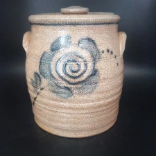 Rowe Pottery Works 1983 Vintage Rose Salt Glaze Crock w Lid 6.50" Tall Handmade