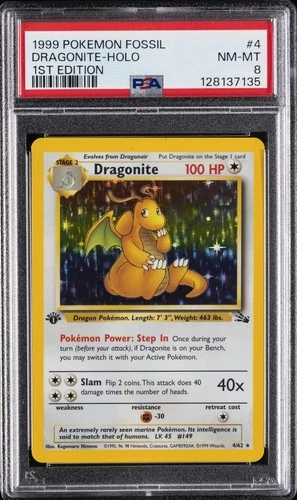 1999 POKEMON FOSSIL 1ST EDITION #4 DRAGONITE-HOLO PSA 8