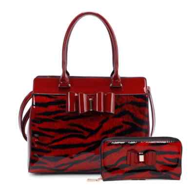 Stylex Neu 2IN1 Tiger Print Lackleder Schleife große Schulter Handtasche + passende