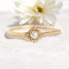 925 Sterling Silver 5 mm Round Shape Freshwater Pearl Ring Halo CubicZirconia