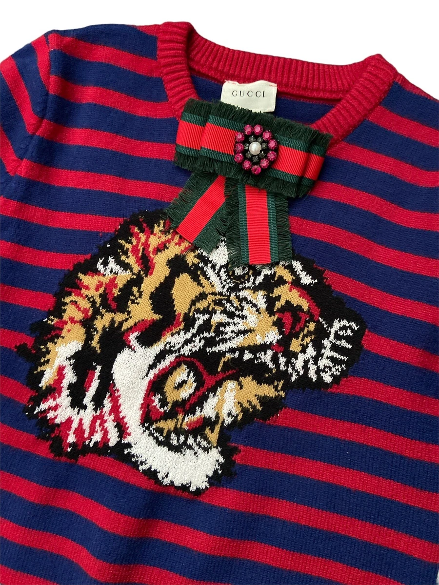 GUCCI Sweater Tiger Navy Blue Burgundy Stripes size 8 Italy Bow at Neck pullover