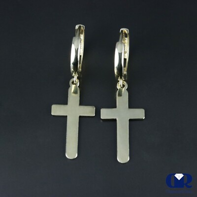 Solid 14K Solid Yellow Gold Huggie Hoop Cross Drop Earrings