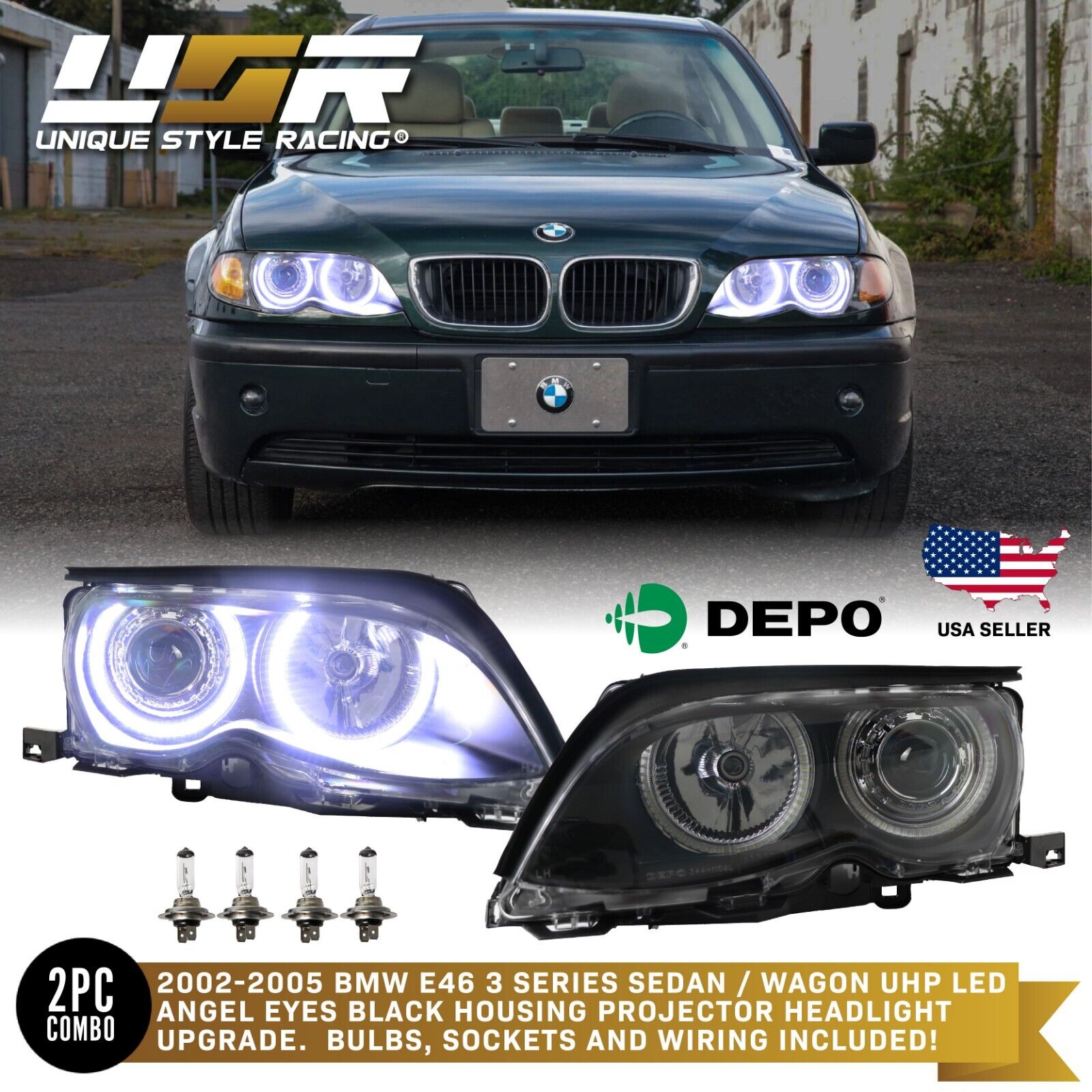 UHP LED Angel Eyes Projector Headlight for 02-05 BMW E46 3 Series Sedan /  Wagon