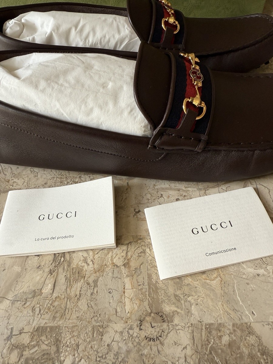 New Gucci Brown Leather GG buckle canvas strip Loafers Shoes 