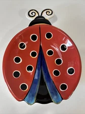 Clay Art Hand Painted Ladybug Serving Dish Trinket Bowl Colorful 9 x 7 Inches