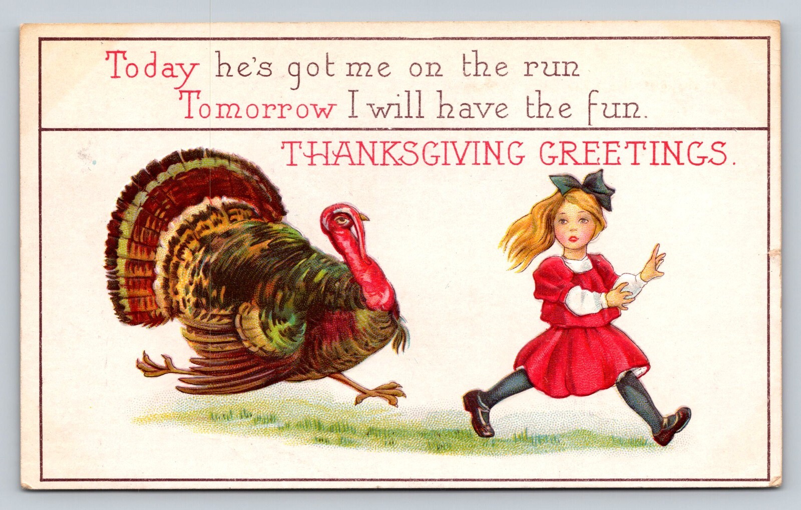 c1910 Posted Thanksgiving PC Fun with a Fast Turkey Chasing Little Girl in Red
