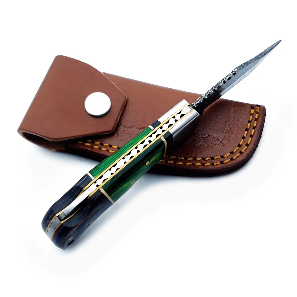 Cuchillo de bolsillo plegable con bloqueo trasero hecho a mano Damasco camping caza cuchillo bolsa Foto 2 de 4