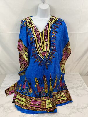 Asha Women Tunic Top Cover Up One Size OS Polyester Long Blue Pink V Neck P
