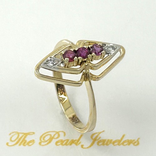 14k Solid Yellow Gold Genuine Diamonds, Round Natural Red Ruby Cocktail Ring - Picture 4 of 11