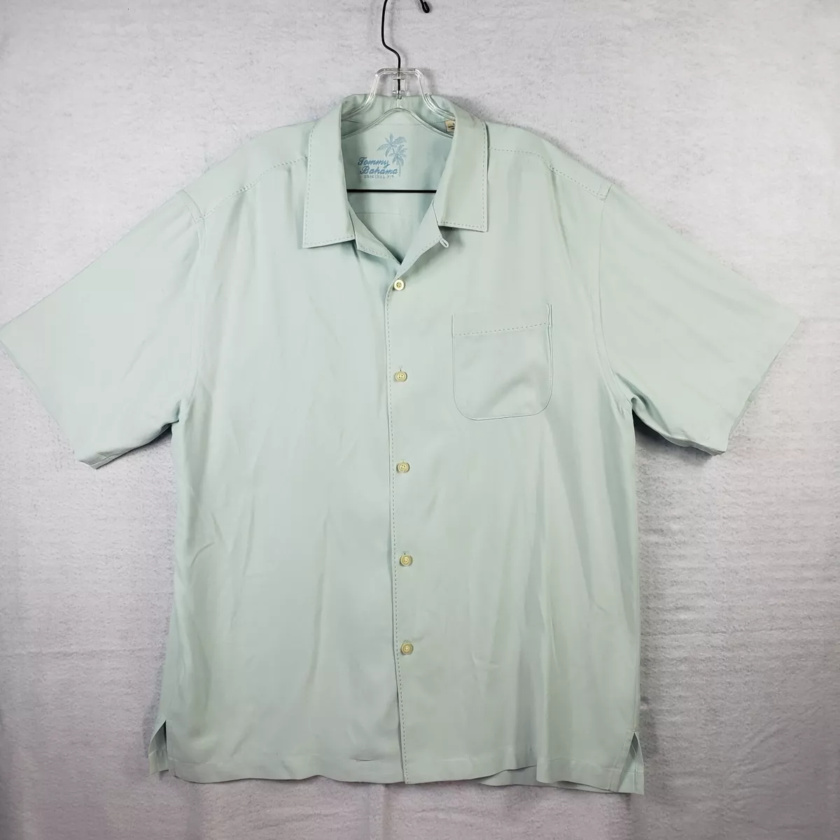 Tommy Bahama Mens Silk Shirt L Large Blue Green Beach Lounge Short Sleeve