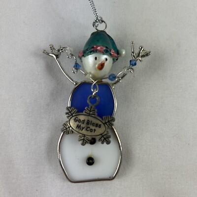 God Bless My Cat Snowman Ornament 3  Stained Glass With Charm Christmas