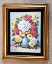 ORIGINAL OIL PAINTING BY CORA ALICE AKERS WRIGHT 1908-1992 12" x 16" ROSES, MUMS
