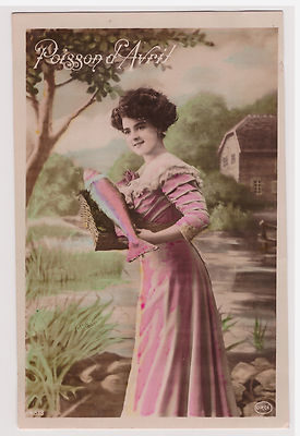 Ancienne Carte Postale Fantaisie – Jeune Femme Et Poissons – France, Années 1910