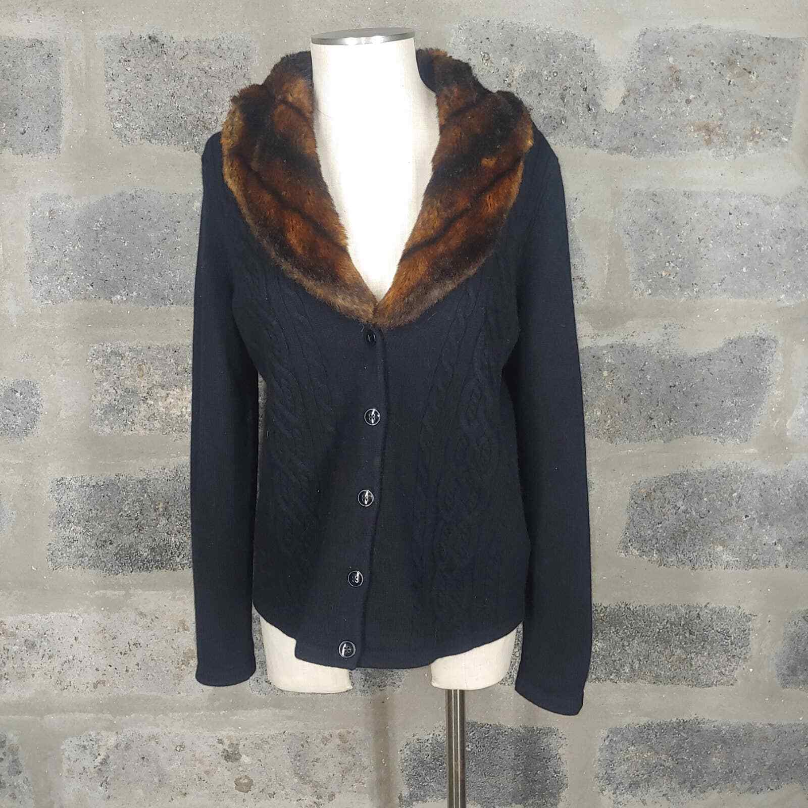 voetstappen Krachtcel achterlijk persoon RALPH LAUREN sz L black wool faux fur shawl collar cardigan sweater | eBay