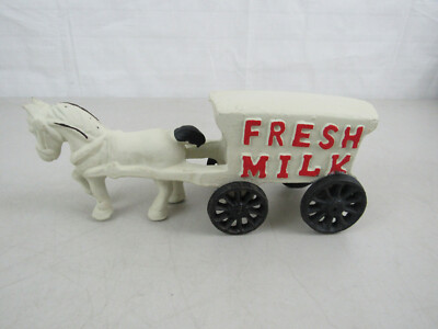 Vintage Cast Iron White Horse Drawn Wagon Fresh Milk 9 3/4'' Length