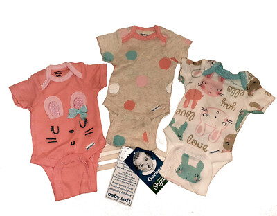 PREEMIE 3 PK Gerber Licensed Onesies Bunnies Infant Baby One Piece Creepers NEW