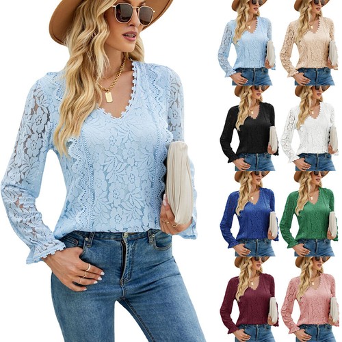Mode Damen Spitze ausgehöhlt Oberteil Langarm Damen Bluse T-Shirt T7311 - Bild 1 von 17