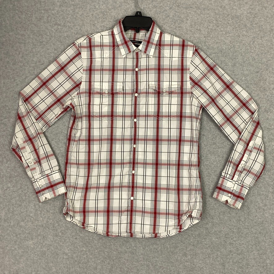 Club Monaco Shirt Mens M Red White Plaid Pearl Snap Western Cotton - Main Image