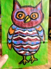 original outsider painting'' sweet owl   ''  original modern  work