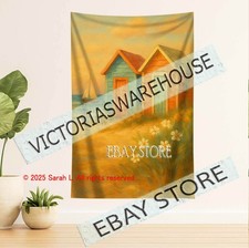 Beach huts tapestry wall hanging seaside art window curtain decor 39X59 in