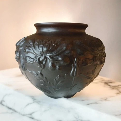 Vintage Fenton Matte Black Amythst Vase, Floral, Mint Condition