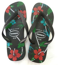 Havaianas Flip Flops Women 37-38 fits 7 to 9 Original Black Floral Hibiscus