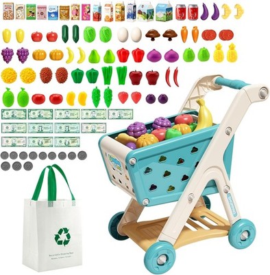 Kids Shopping Cart Trolley Play Set with Food Accessories for Ages 3 Plus Role