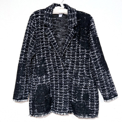 Chico's Double Breasted Heavy Sweater Jacket NWOT 3 / XL Lace Trim Black Tweed