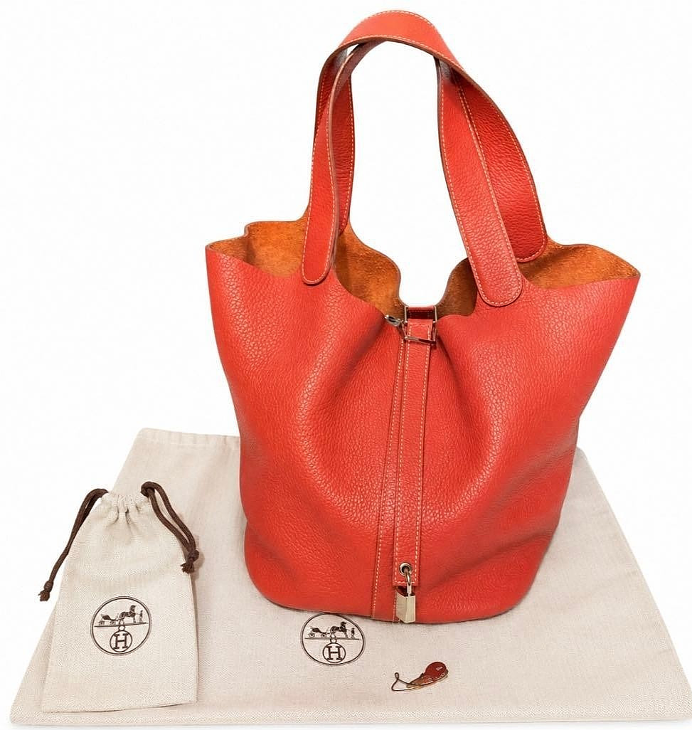 HERMES Picotin Lock GM Handbag Taurillon Clemence Orange Red Silver Hardware