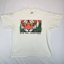 Vintage 1993 Human-i-Tees Eye On Survival Tiger T-Shirt White Large Made in USA