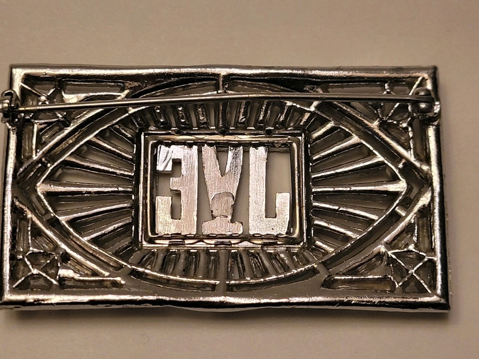 Marcasite Rectangle Pin Initials JVE Silvertone M… - image 3