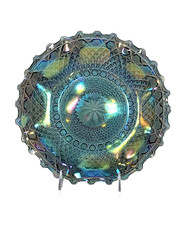 Indiana Blue Carnival Bowl 1970's Iridescent Diamond Point Ruffle Edge 9.5"