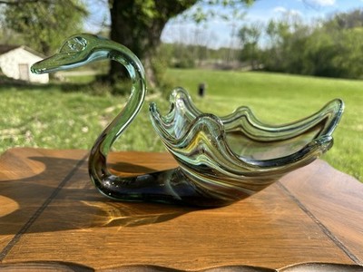 Vintage Art Glass Swan Bowl Green Brown Hand Blown Murano Style MCM Centerpiece