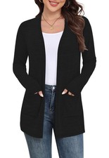 Lightweight Long Sleeve Open Front Cardigan with Pockets - Black L