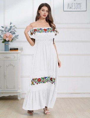 fitted lace wedding dress Vintage Natural Cotton Hand Embroidered Mexican Maxi Dress – Honeywood main image 1