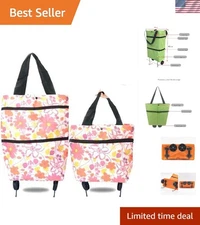 Pink Flower Reusable Grocery Bags with Folding Wheels - Eco-Friendly Tote