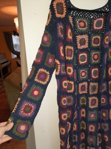 Crochet Granny Square Maxi Cardigan 90s Whimsigoth Full Length M L 14 16 Cotton - Picture 7 of 10