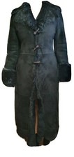 Keran Millen Full Length Black Coat Genuine Shearling Sheepskin Leather Size S