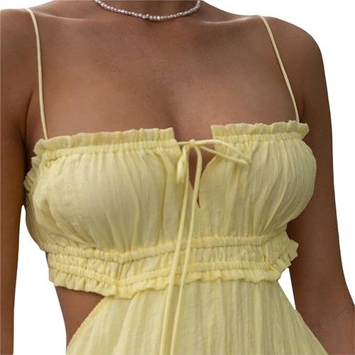 NUFIWI Women Summer Boho Cutout Long Dress Sleeveless Tiered Ruched Boho Cami Dr - Picture 5 of 6