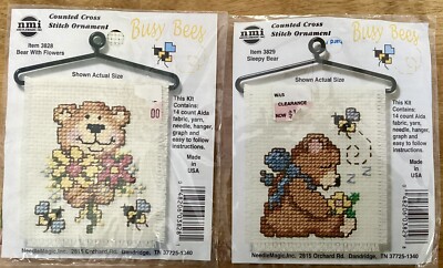 2 NMI Counted Cross Stitch Kits-Busy Bees: Sleepy Bear/Bear With Flowers, NIP