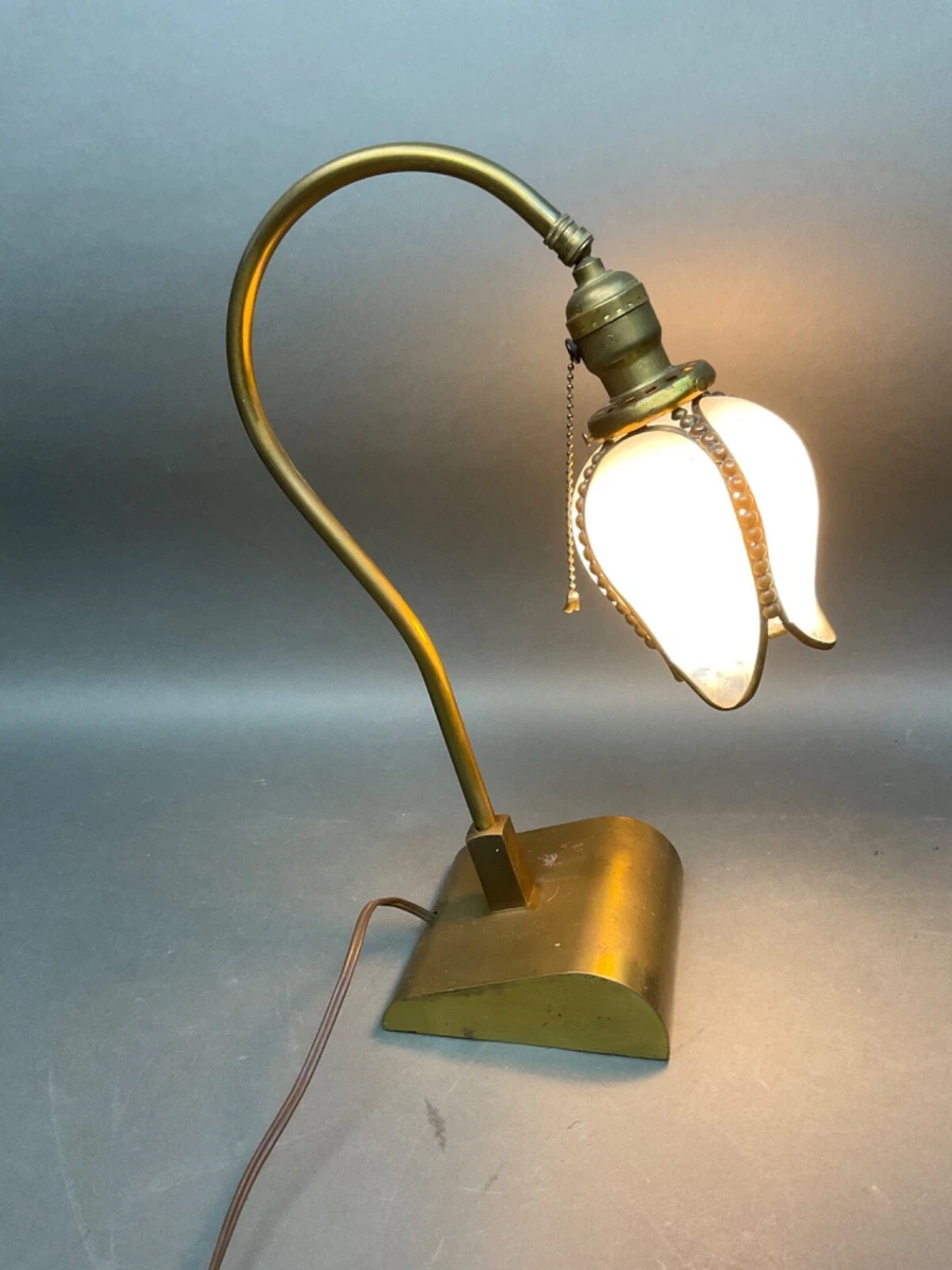 Orig. Antique brass gooseneck desk lamp Hubbell Socket Opalescent Glass Shade