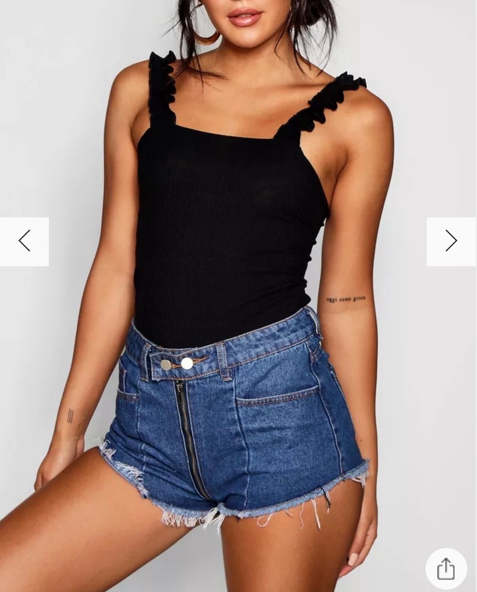 Boutique Women's Boohoo Black Ruffle Strap Square Neck Vest Size