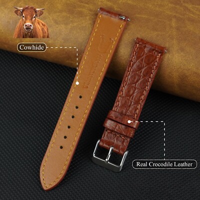 18mm Men Brown Leather Watch Band Flat Crocodile Real Watch Strap