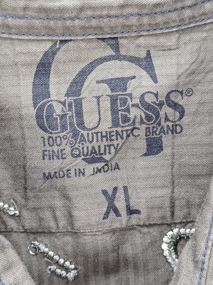 Guess Men XL Olive Green Biker Tattoo Embroider Distress Button Shirt - Image 4 of 4