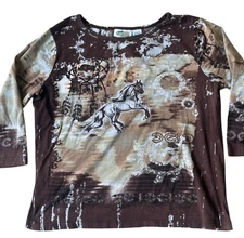 Y2K Collections Etc Top Womens Medium Brown Horse Sequin Coastal Cowgirl Western