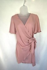 Boutique Romantic Soft Pink Wrap Dress Side Tie Flutter Short Sleeves SMALL